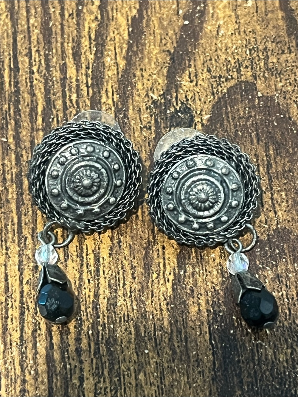 Vintage Antiqued Silver Medallion Drop Earrings Black Faceted Crystal Dangles